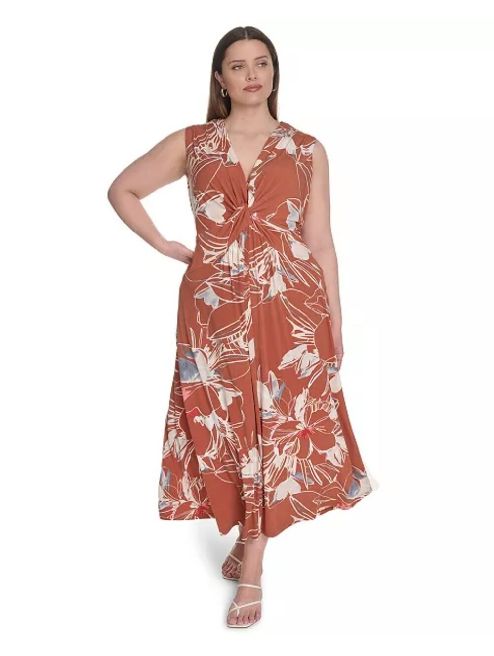 Calvin Klein NWT Floral Twist Front Maxi Dress 14W Plus Rust Sleeveless Cocktail